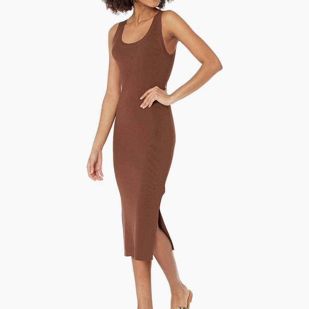 Scoop Neck Brown Ribbed Midi Dress with Side Slit